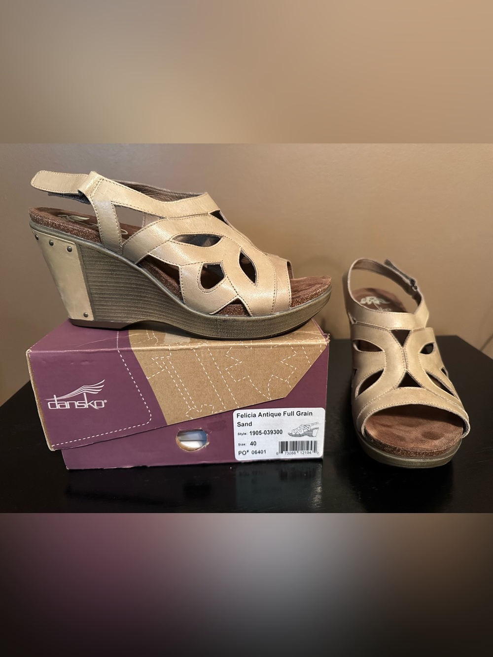 Dansko Felicia Antique Full Grain Sand Wedge Sandals - size 40